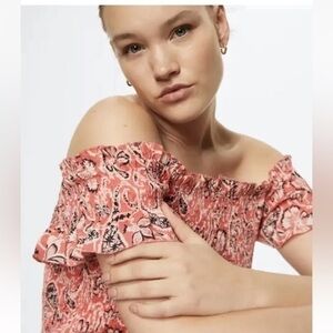 Mango Floral Smoked Ruffles Red  Off The Shoulder Boho Spring  Mini Dress 1X